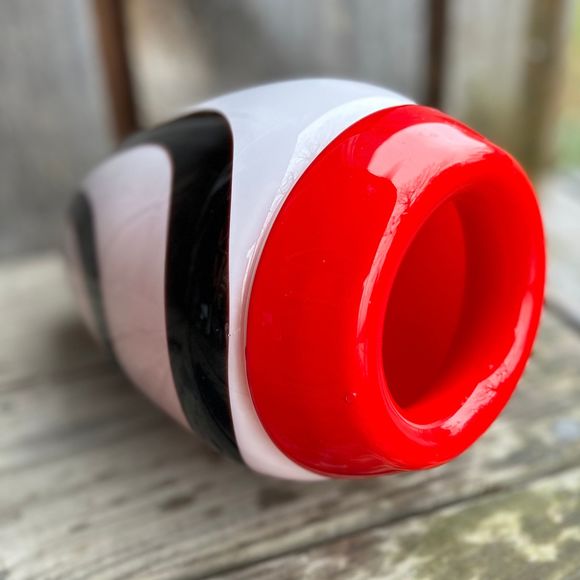 Murano Style Heavy Blown Glass Vase 9” White with Black Swirls Red Mouth - Picture 7 of 10